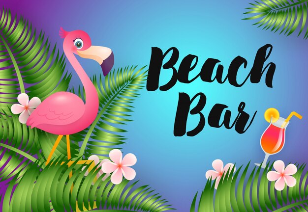 Beach Bar lettering with flamingo and cocktail