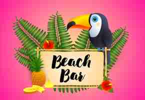 Free vector beach bar lettering with toucan and pineapple