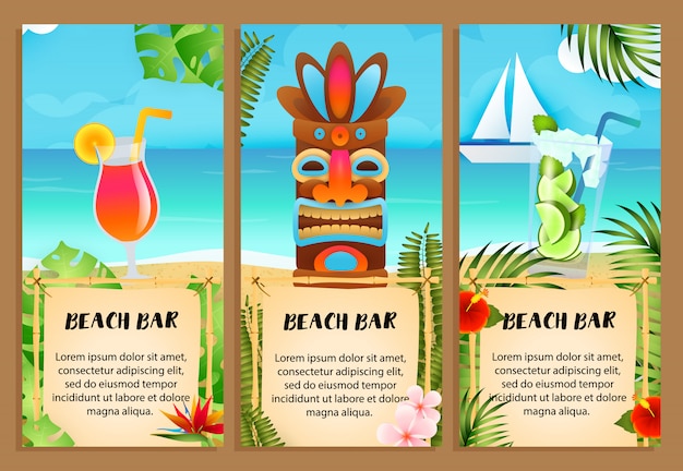 Free vector beach bar letterings set, cocktails and tribal mask