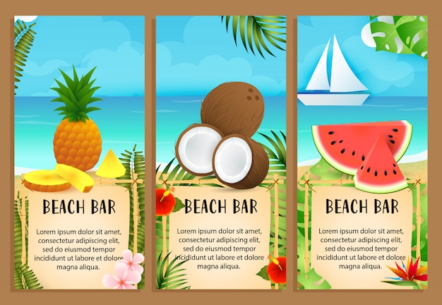 Vettore gratuito lettering beach bar con cocco, ananas e anguria