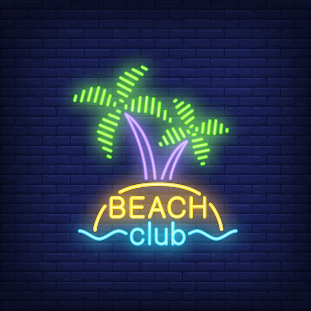 Beach club lettering and cocktail and island with palms.