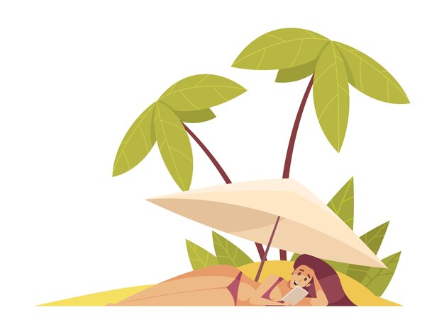Пляжная композиция с женским персонажем, лежащим под зонтиком на песчаном пляже с векторной иллюстрацией пальм