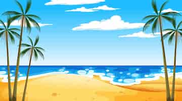 Vettore gratuito spiaggia alla scena del paesaggio diurno con la palma