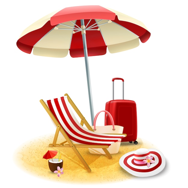 Vettore gratuito illustrazione della sedia a sdraio e dell'ombrello della spiaggia