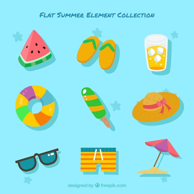 Free vector beach elements collection with clothes in flat style