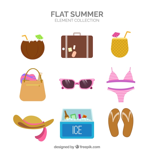 Beach elements collection with clothes in flat style