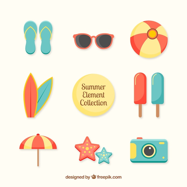 Free vector beach elements collection with clothes in flat style