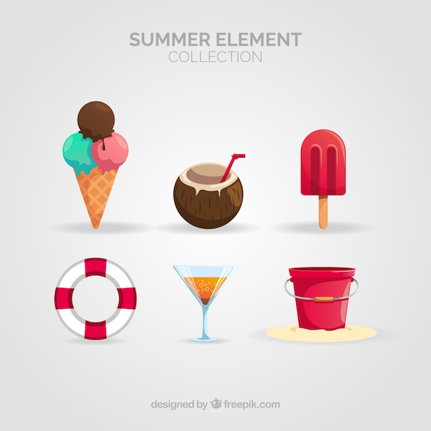Free vector beach elements collection with clothes and food in realistic style