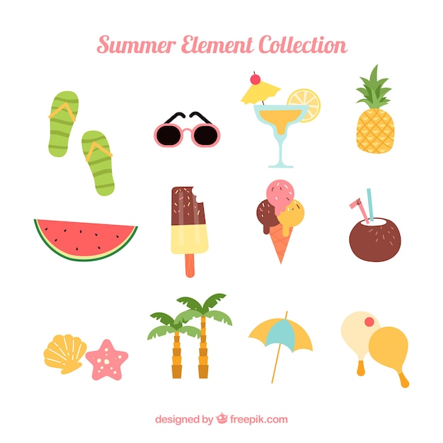 Beach elements collection with clothes in hand drawn style