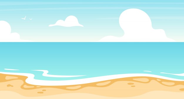ビーチフラットイラスト 夏の海 海の風景の背景 バケーションリゾート 島の海岸線 日当たりの良い楽園 ターコイズブルーのラグーン 海の景色の漫画の背景 壁紙 プレミアムベクター