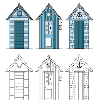 Beach houses. huts and bungalow collection. marine buildings on sea beach.
