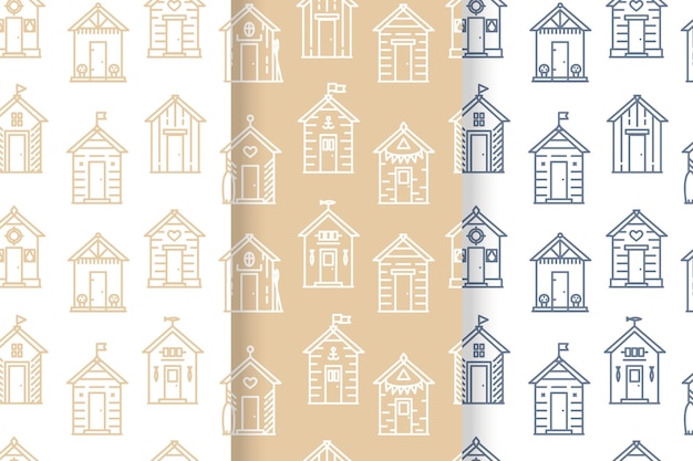 Beach hut pattern, flat line style, beige and white. variety of designs with different decoration, bunting, surf board, fish, flower pots, life buoy, paddles, flags. vector seamless background simple.