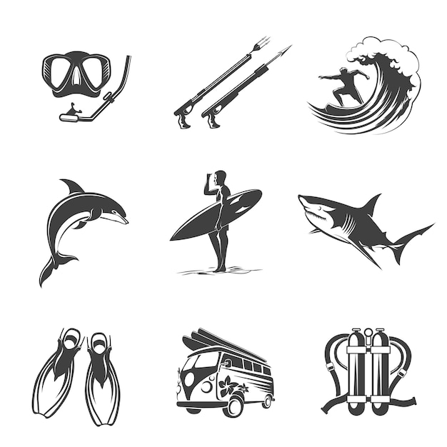 Free vector beach icons black set. summer, vacation and tourism signs. leisure and  hunting, dolphins and sharks, fins and scuba, spearfishing surfing and diving.