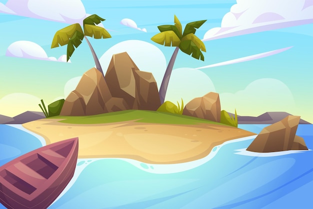 Free vector beach landscape for summer day background illustration with ship and ocean island