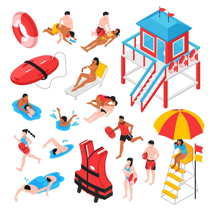 Free Vector beach lifeguard isometric set of lifeguard station rescue inventory and savers performing artificial respiration isolated
