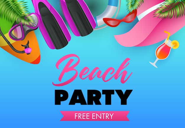 Beach party colorful poster design. Surfboard