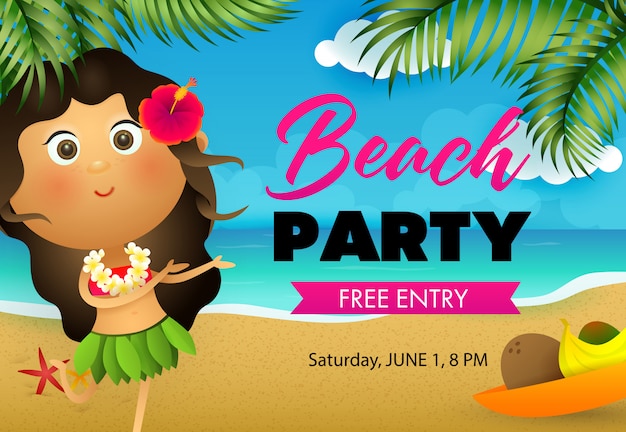 Beach party flyer design. hawaiian girl dancing