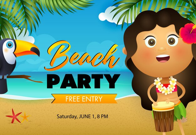 Beach party flyer design. Hawaiian girl playing drum