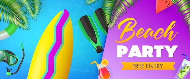 Beach party, free entry lettering, surfboard, scuba mask