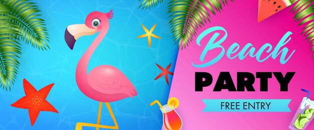 Vettore gratuito beach party, iscrizione gratuita con simpatico fenicottero