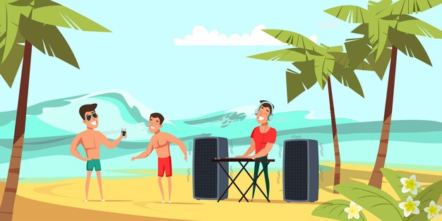 Beach party illustration Young men in swimming trunks and dj on music and dancing festival