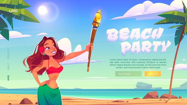 Beach party landing page with woman holding a torch