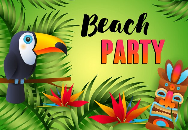 Beach Party lettering with tiki mask, exotic bird and flowers