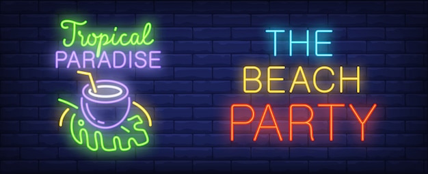 Free vector beach party neon style banner on brick background. tropical paradise and coconut cocktail