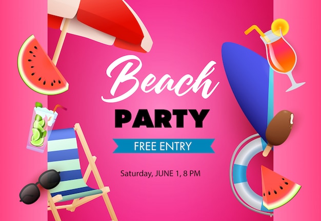 해변 파티 포스터 디자인. 수박, 칵테일