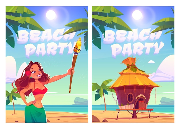 Плакаты для пляжной вечеринки с женщиной и бунгало на пляже