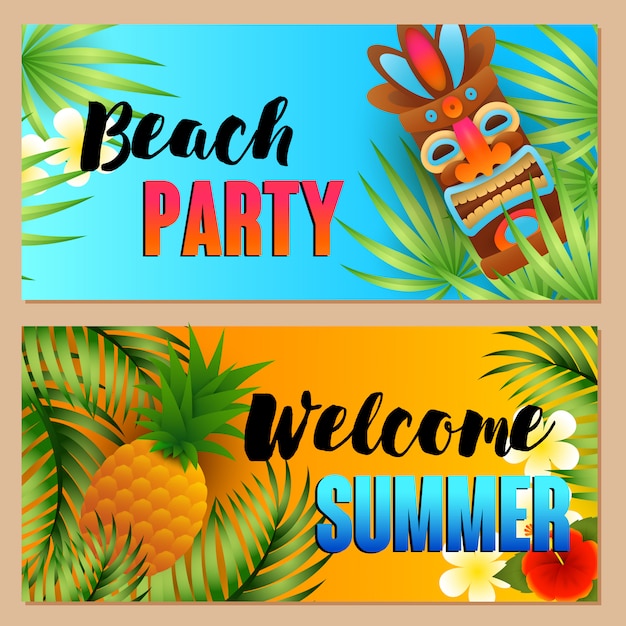 Vettore gratuito beach party, welcome set di insiemi estivi, ananas, maschera tiki