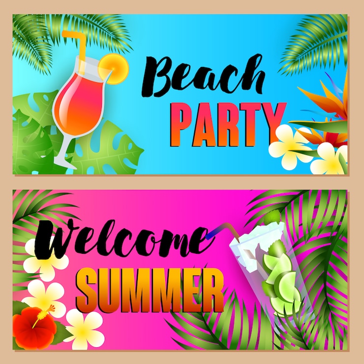 Free Vector beach party, welcome summer letterings set with cocktails