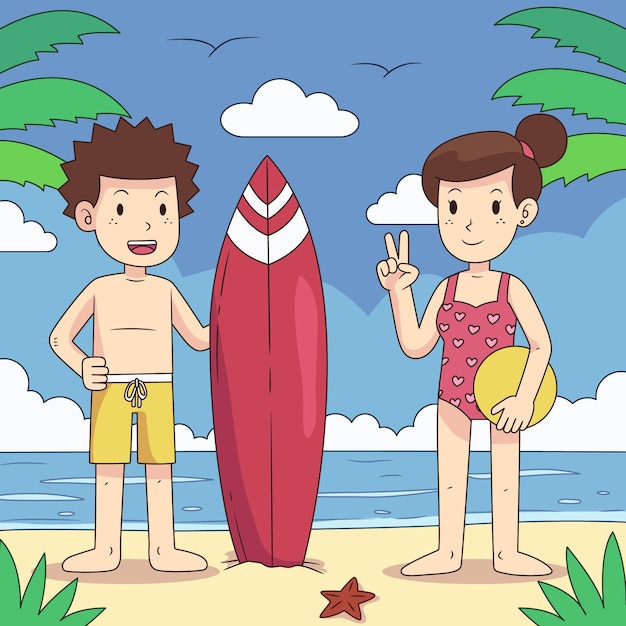 Free vector beach people with surfboard