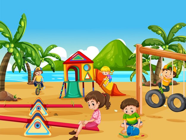 Beach playground with happy children