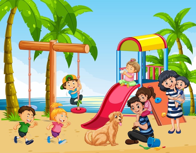 Parco giochi sulla spiaggia con bambini felici