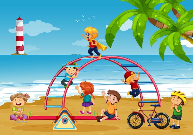 Beach playground with happy children