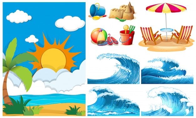 Free vector beach scene with big waves and equipments