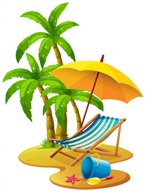 Free vector beach scene with chair and umbrella