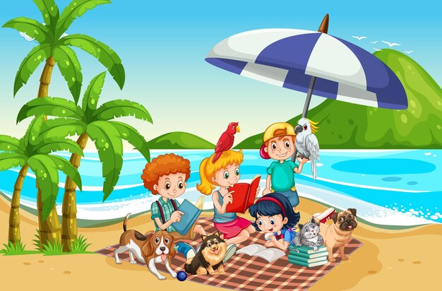 Пляжная сцена с детьми, играющими со своими собаками