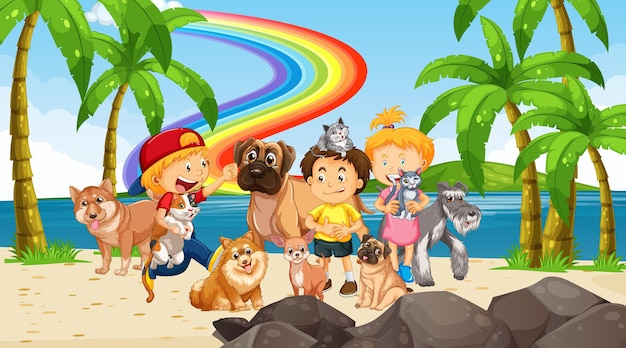 Scena sulla spiaggia con bambini che giocano con i loro cani