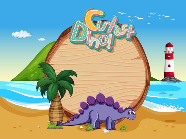 Beach scene with empty board template and cute dinosaur cartoon character