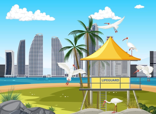 Free vector beach scene with lifeguard tower