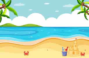 Free vector beach scene with sand castle and little crab