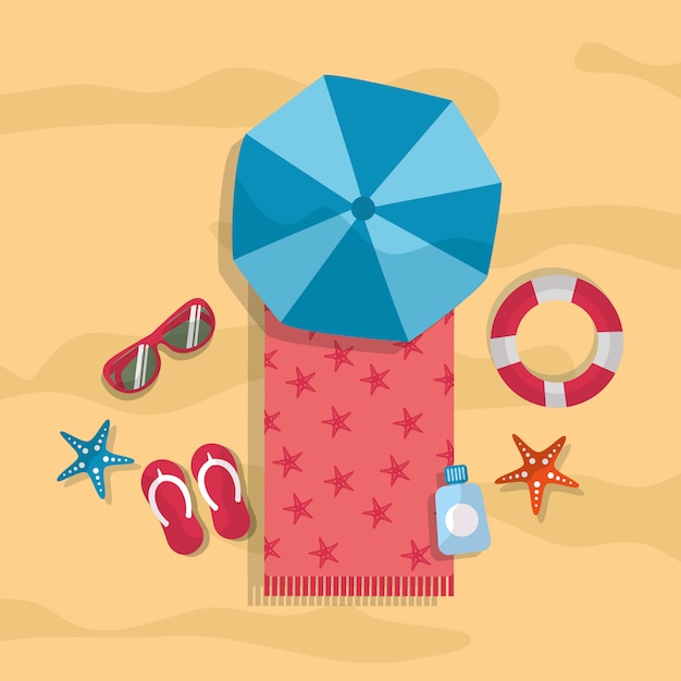 Beach summer tourism umbrella towel sunglasses flip flops lifebuoy starfish
