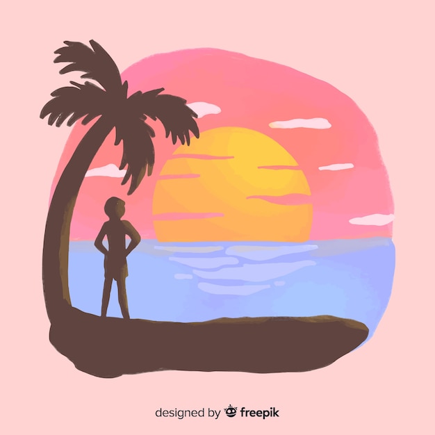 Free vector beach sunset sunrise with palm silhouette