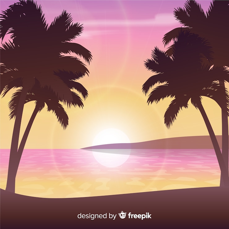 Free Vector beach sunset with palm silhouettes background
