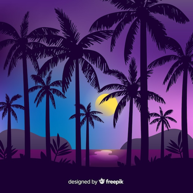 Free vector beach sunset with palm silhouettes background