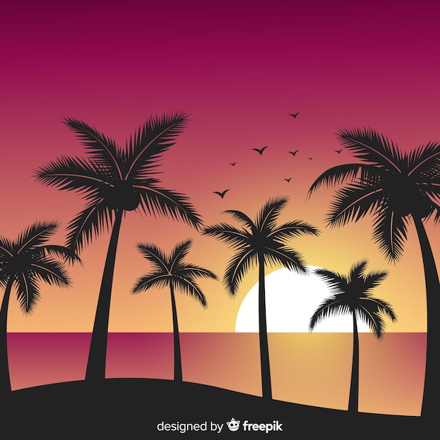 Free vector beach sunset with palm silhouettes