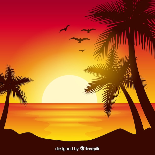 Free vector beach sunset with palm silhouettes