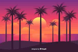 Free vector beach sunset with palm silhouettes